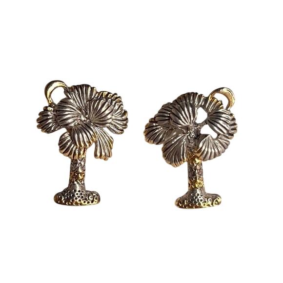 RARE VINTAGE SIGNED BEST Silvertone Palmetto Tree & Moon South Carolina Earrings - Picture 1 of 9